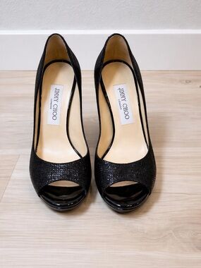 Jimmy Choo Black Glitter Peep-Toe Platform Heels